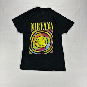Nirvana Smiley Face Graphic T Shirt Mens Medium Dark Gray Band Tee
